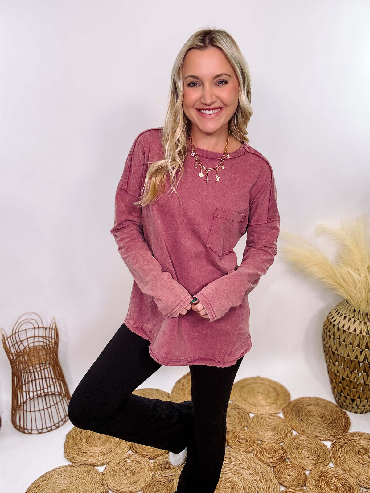 Mauve Acid Washed Long Sleeve Top with Raw Edge Detail, Chest Pocket, and Relaxed Fit – Perfect for Casual Outfits with Leggings and Sneakers.