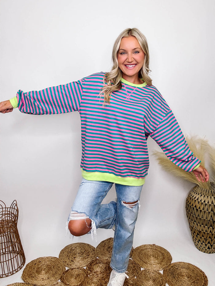 Pink and Green Striped Crewneck Pullover with Neon Contrast Hem