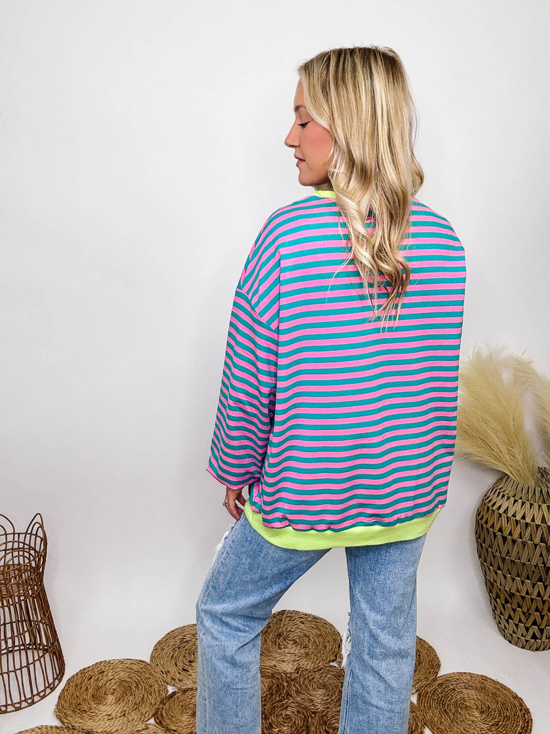 Pink and Green Striped Crewneck Pullover with Neon Contrast Hem