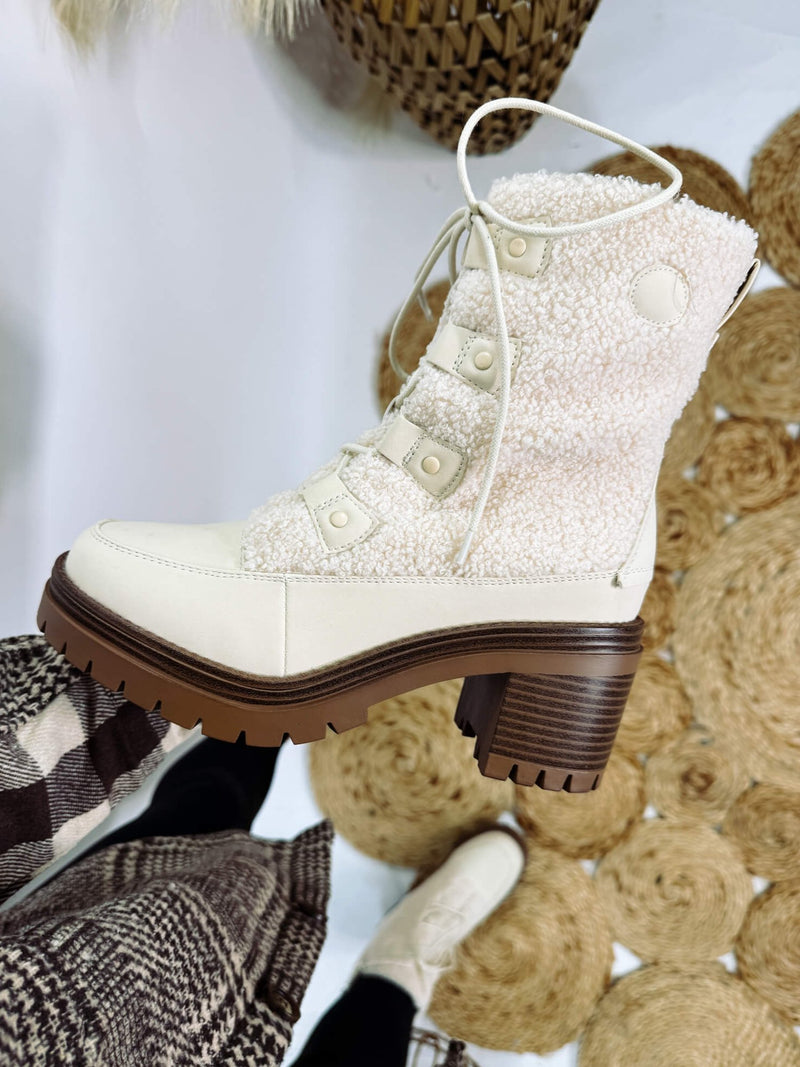 MIA Alpes Lace Up Boots in Cream with Faux Shearling and 3-Inch Heel