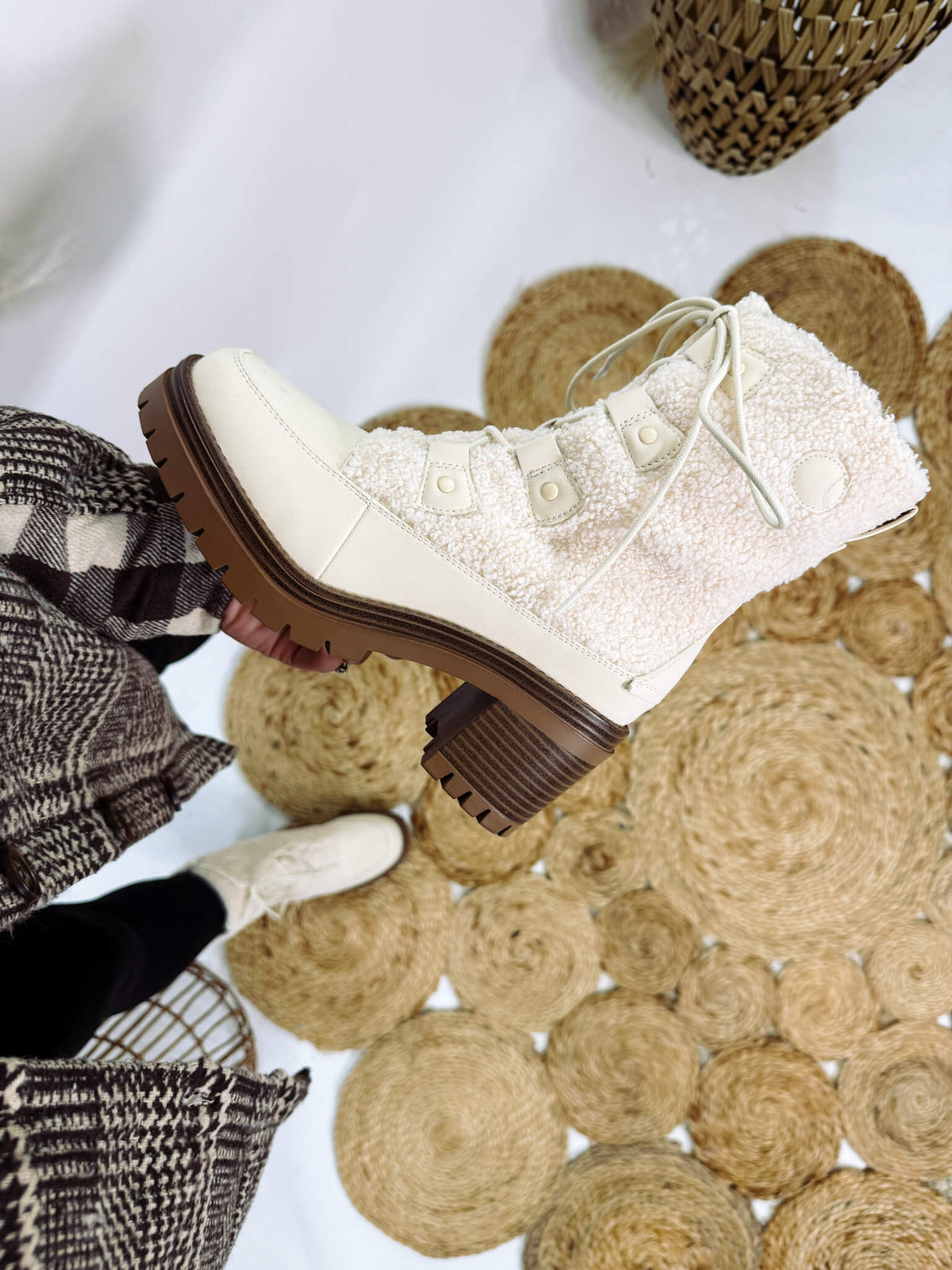 MIA Alpes Lace Up Boots in Cream with Faux Shearling and 3-Inch Heel