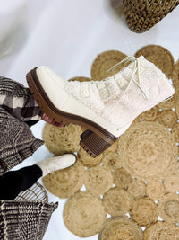 MIA Alpes Lace Up Boots in Cream with Faux Shearling and 3-Inch Heel