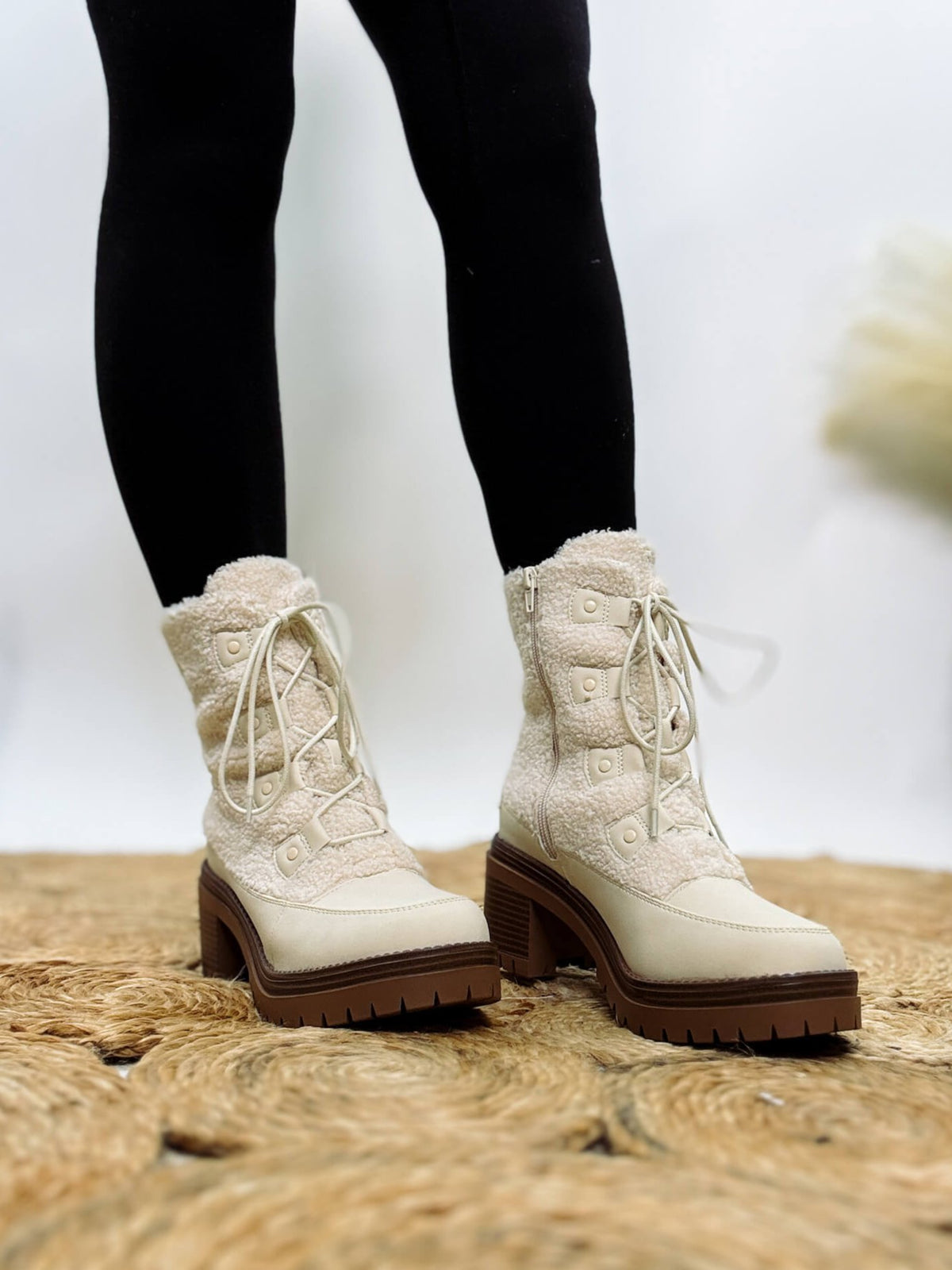 MIA Alpes Lace Up Boots in Cream with Faux Shearling and 3-Inch Heel