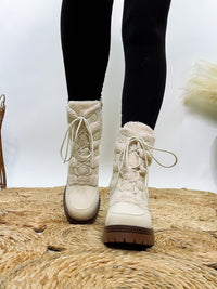 MIA Alpes Lace Up Boots in Cream with Faux Shearling and 3-Inch Heel