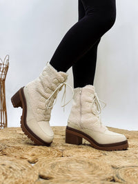 MIA Alpes Lace Up Boots in Cream with Faux Shearling and 3-Inch Heel