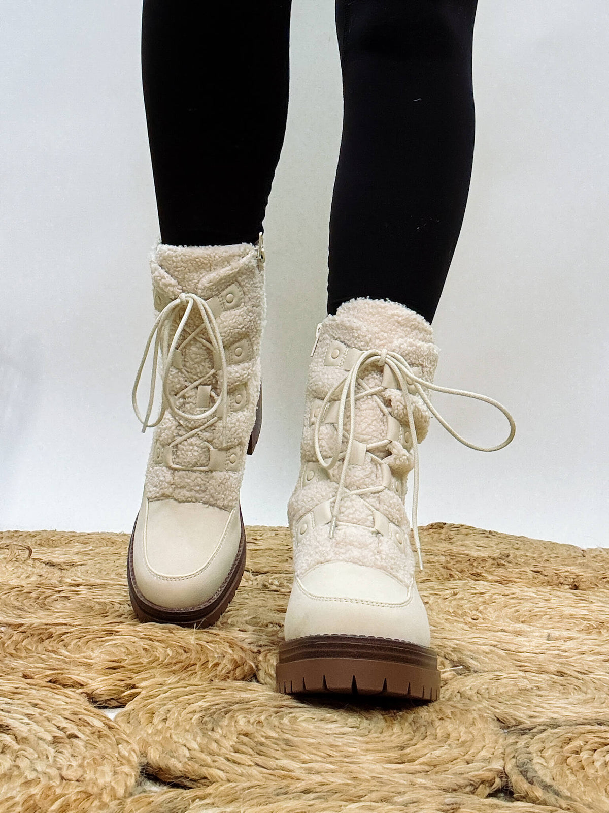 MIA Alpes Lace Up Boots in Cream with Faux Shearling and 3-Inch Heel