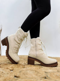 MIA Alpes Lace Up Boots in Cream with Faux Shearling and 3-Inch Heel