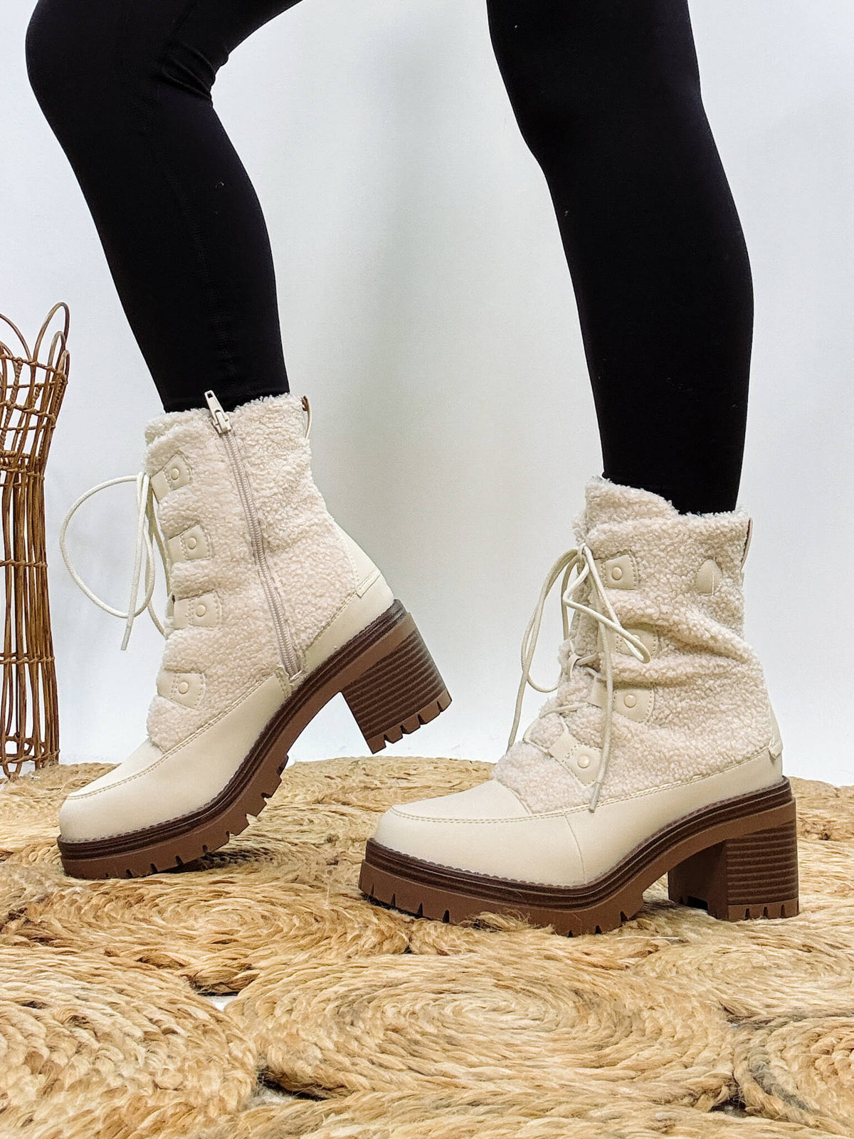 MIA Alpes Lace Up Boots in Cream with Faux Shearling and 3-Inch Heel