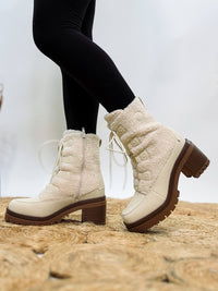 MIA Alpes Lace Up Boots in Cream with Faux Shearling and 3-Inch Heel