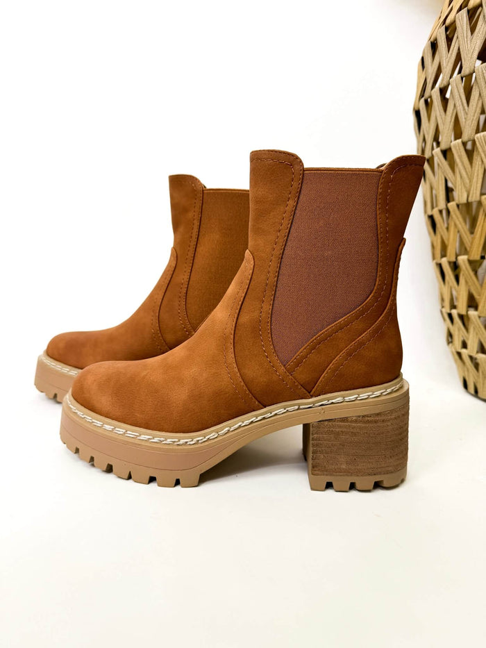 MIA Torren Boot in cognac, featuring a slip-on design with elastic stretchy tabs, platform sole, chunky stacked heel, and lug sole.