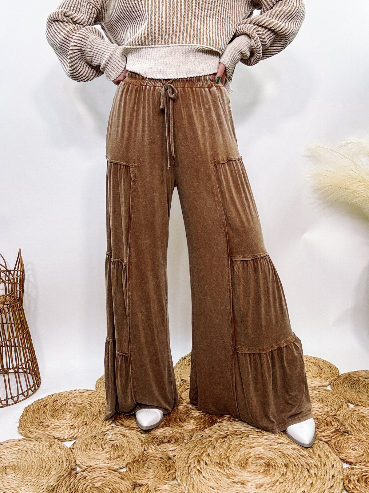 Brown Acid Washed Tiered Flared Wide Leg Boho Pants with Elastic Drawstring Waist, Side Pockets, and Comfortable 100% Cotton Fabric.