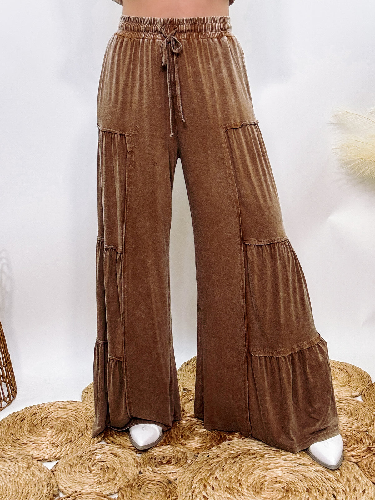 Brown Acid Washed Tiered Flared Wide Leg Boho Pants with Elastic Drawstring Waist, Side Pockets, and Comfortable 100% Cotton Fabric.