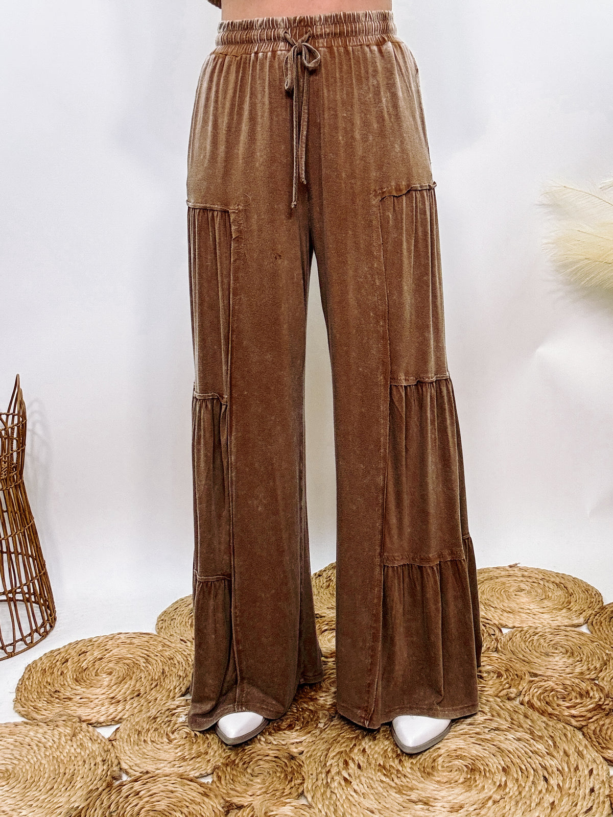 Brown Acid Washed Tiered Flared Wide Leg Boho Pants with Elastic Drawstring Waist, Side Pockets, and Comfortable 100% Cotton Fabric.