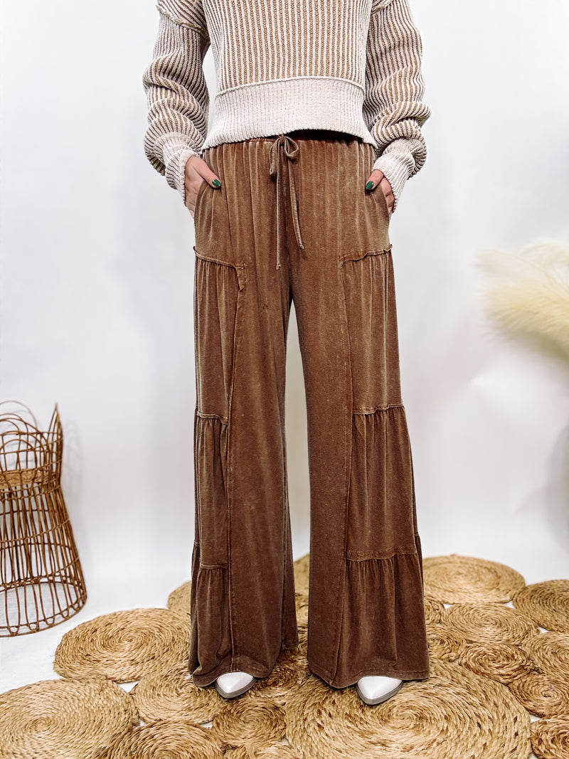 Brown Acid Washed Tiered Flared Wide Leg Boho Pants with Elastic Drawstring Waist, Side Pockets, and Comfortable 100% Cotton Fabric.