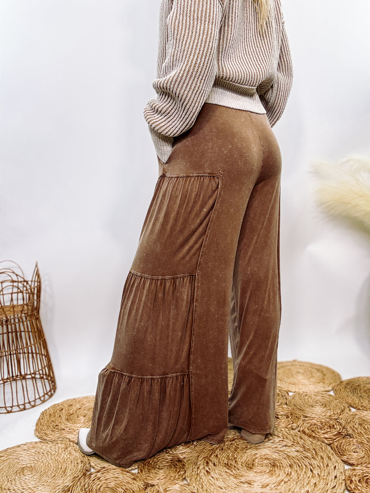 Brown Acid Washed Tiered Flared Wide Leg Boho Pants with Elastic Drawstring Waist, Side Pockets, and Comfortable 100% Cotton Fabric.