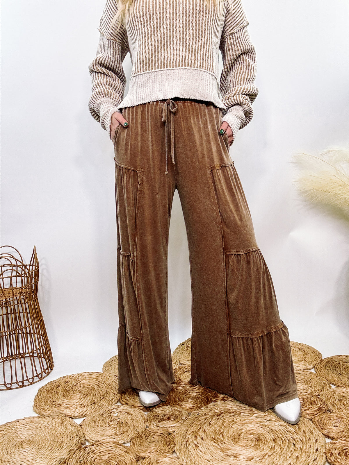 Brown Acid Washed Tiered Flared Wide Leg Boho Pants