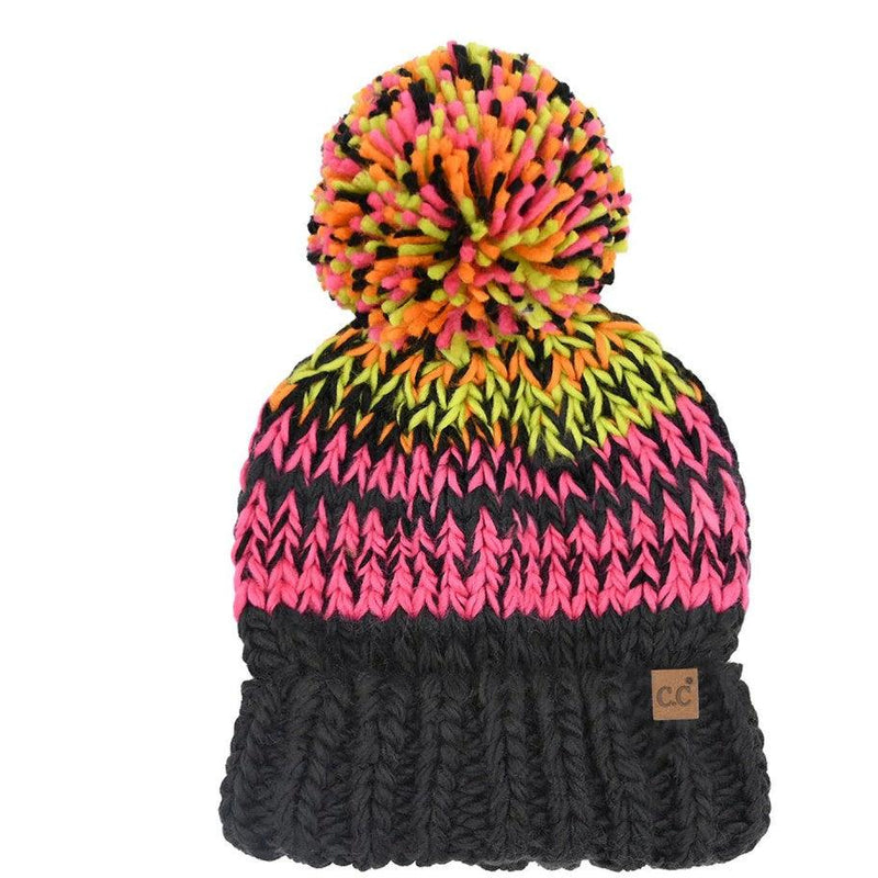 C.C Multi color chunky yarn pom beanie with black base and neon pink accents