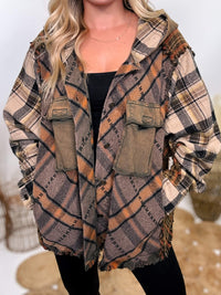 Premium mineral washed mixed plaid flannel hoodie jacket with frayed hems, velcro chest pockets, and oversized fit, by Oli & Hali.