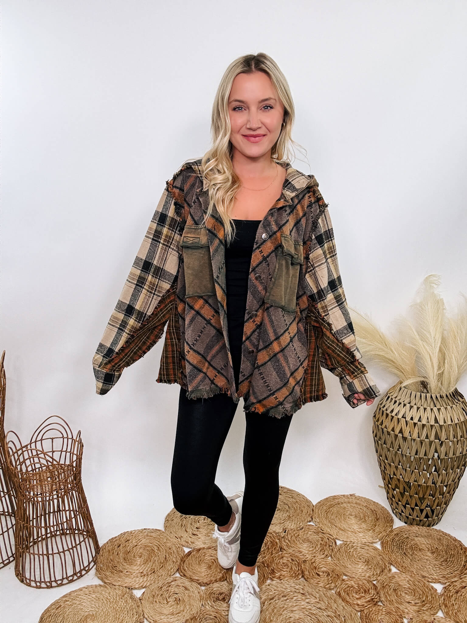 Mineral Washed Mixed Plaid Flannel Hoodie Jacket by Oli Hali Bmaes Boutique