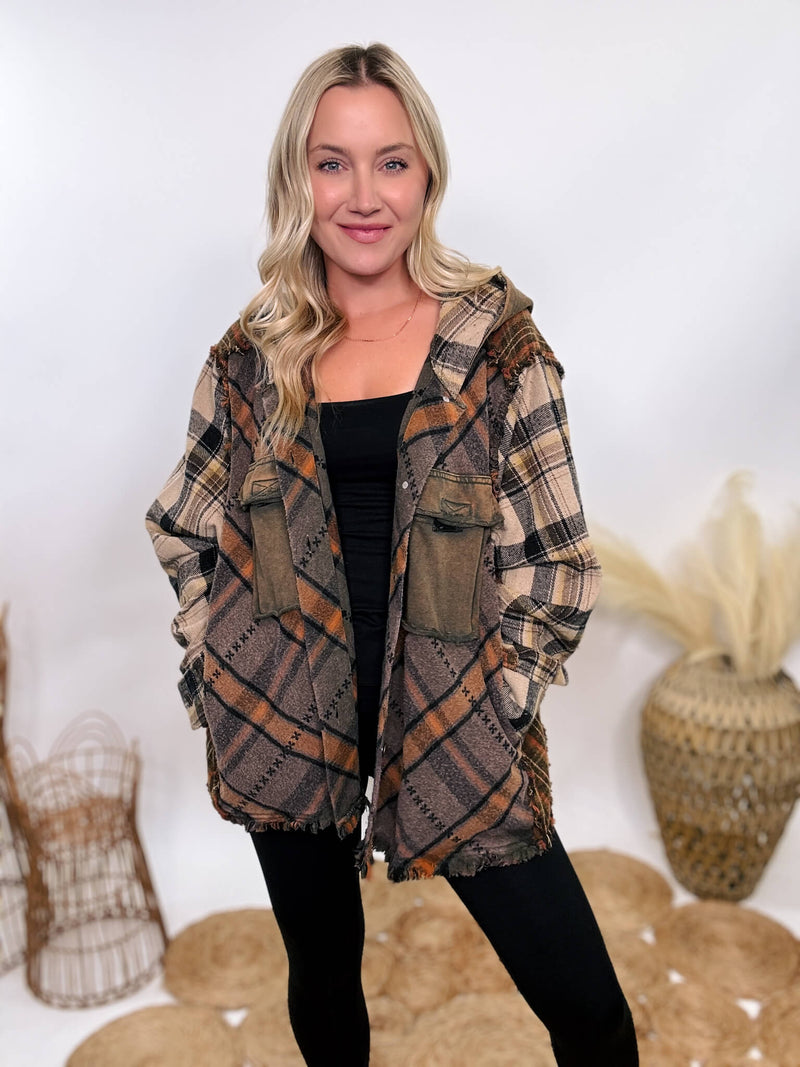 Premium mineral washed mixed plaid flannel hoodie jacket with frayed hems, velcro chest pockets, and oversized fit, by Oli & Hali.