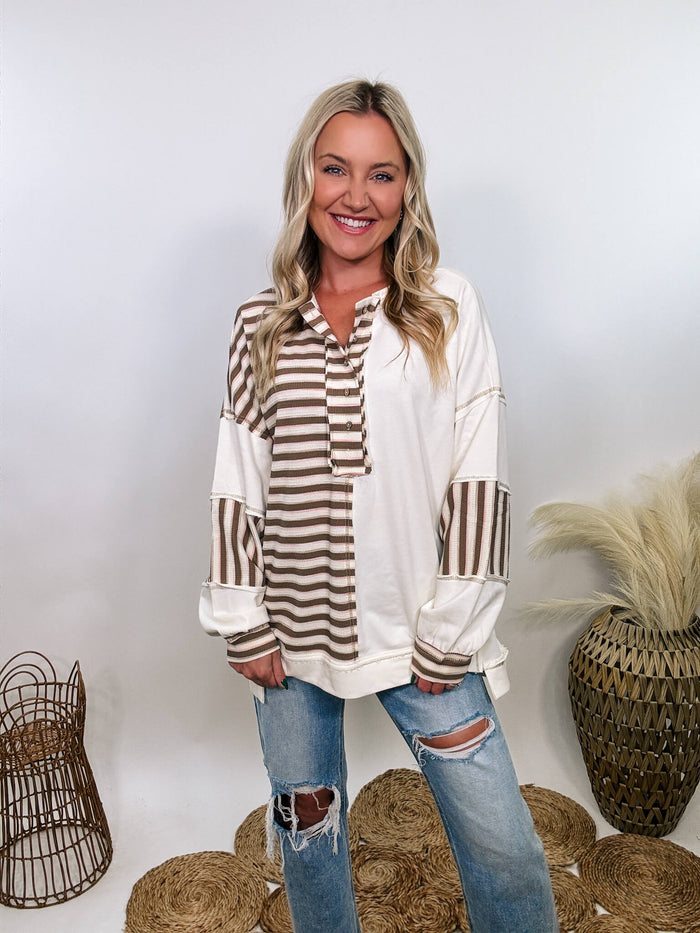 Peach Love CA Thermal striped colorblock henley pullover in warm brown, cream, and pink – stylish and cozy fall sweater