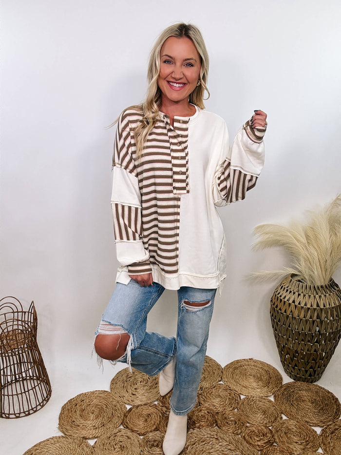 Peach Love CA Thermal striped colorblock henley pullover in warm brown, cream, and pink – stylish and cozy fall sweater