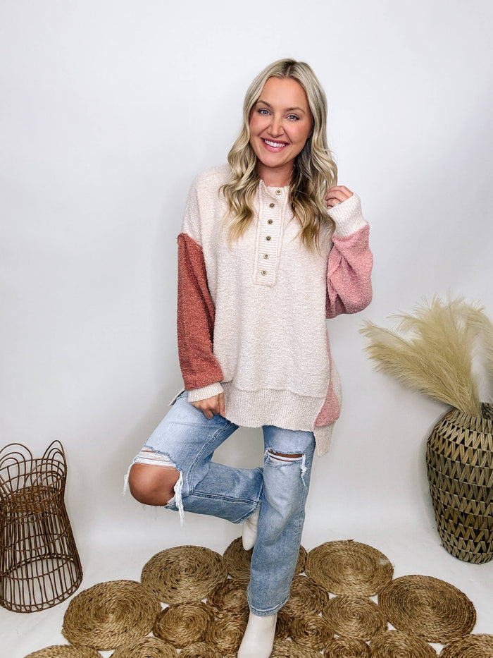 Peach Love California Blush, mauve, and oatmeal colorblock 1/2 button down oversized sweater with henley style.