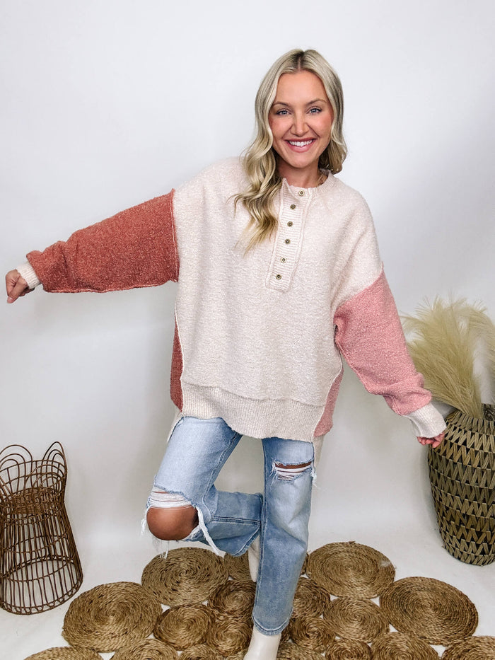 Peach Love California Blush, mauve, and oatmeal colorblock 1/2 button down oversized sweater with henley style.