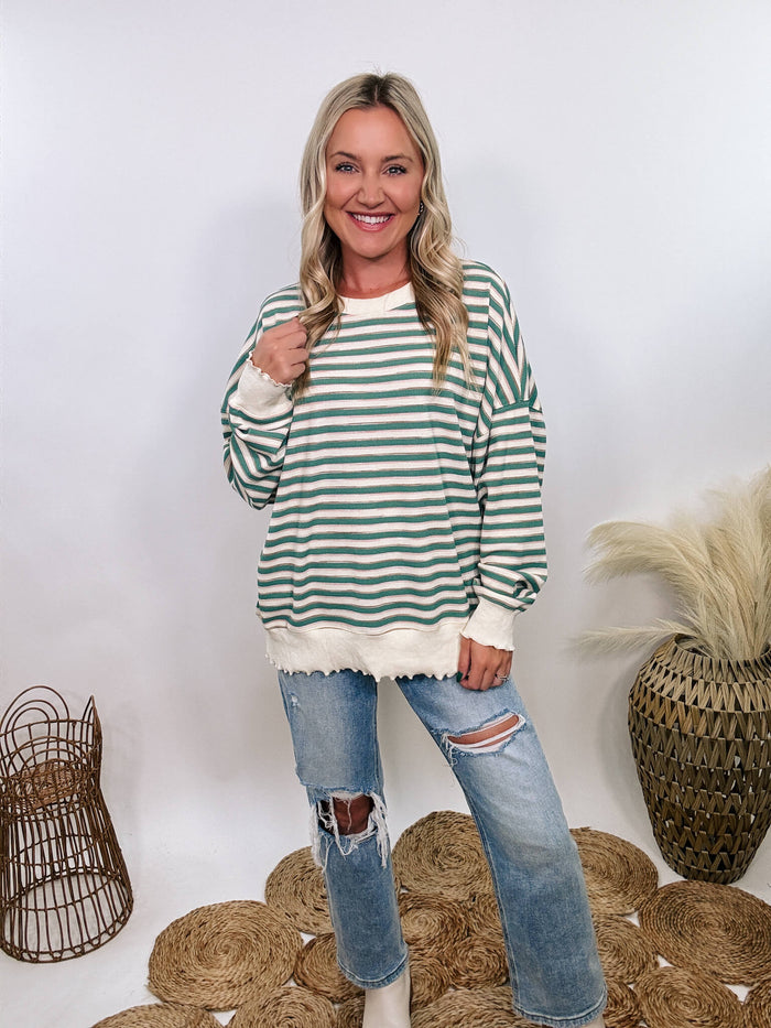 Peach Love California Sage striped thermal oversized long sleeve pullover with cream stripes and a hint of pink, perfect for fall layering