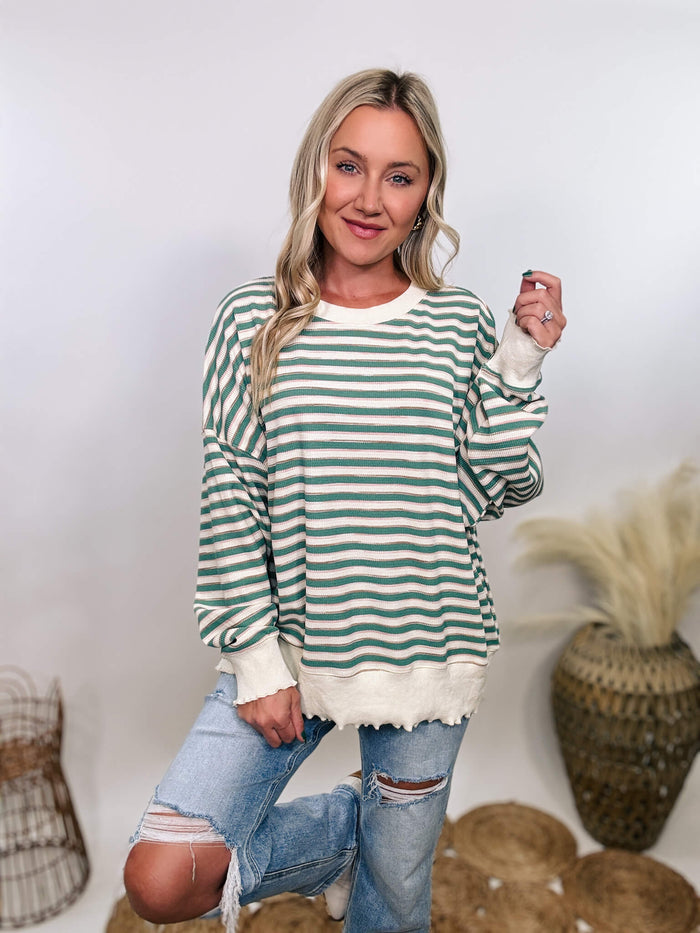 Peach Love California Sage striped thermal oversized long sleeve pullover with cream stripes and a hint of pink, perfect for fall layering