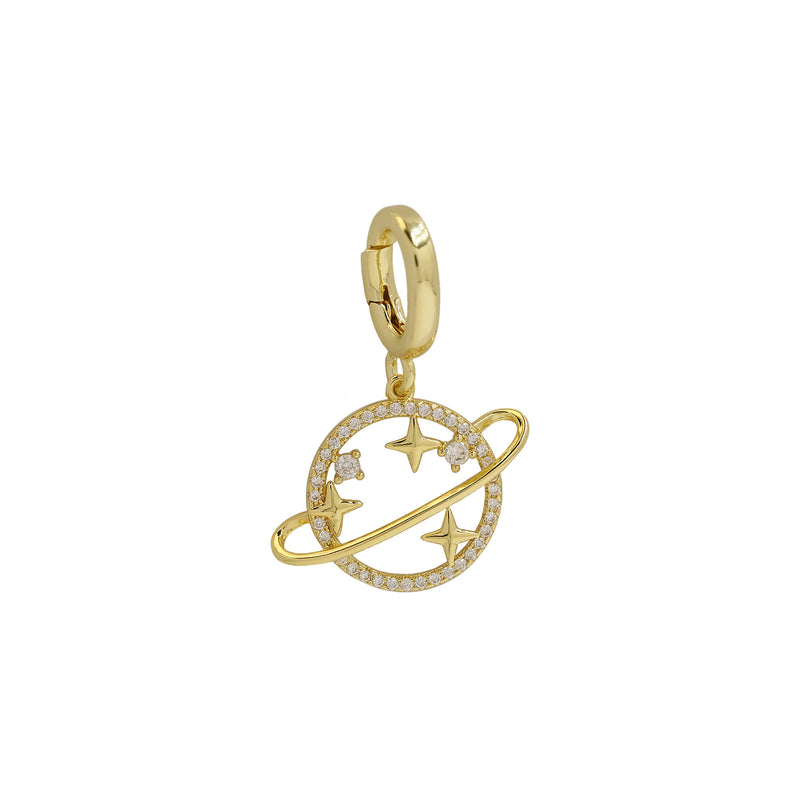 Planet and Stars Charm with cubic zirconia accents and interchangeable clasp, crafted in 18k gold-plated brass, perfect for necklaces, shoelaces, and gifting at Bmaes Boutique.