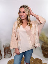 POL Neutral Cream Mix Short Sleeve V-Neck Oversized Knit Top with crochet and thermal patchwork, frayed edges, and exposed seams for a comfy, boho chic look.