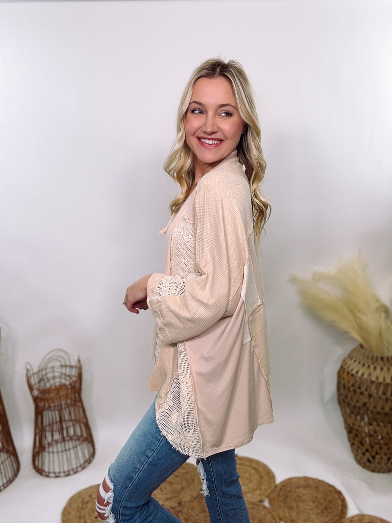 POL Neutral Cream Mix Short Sleeve V-Neck Oversized Knit Top with crochet and thermal patchwork, frayed edges, and exposed seams for a comfy, boho chic look.