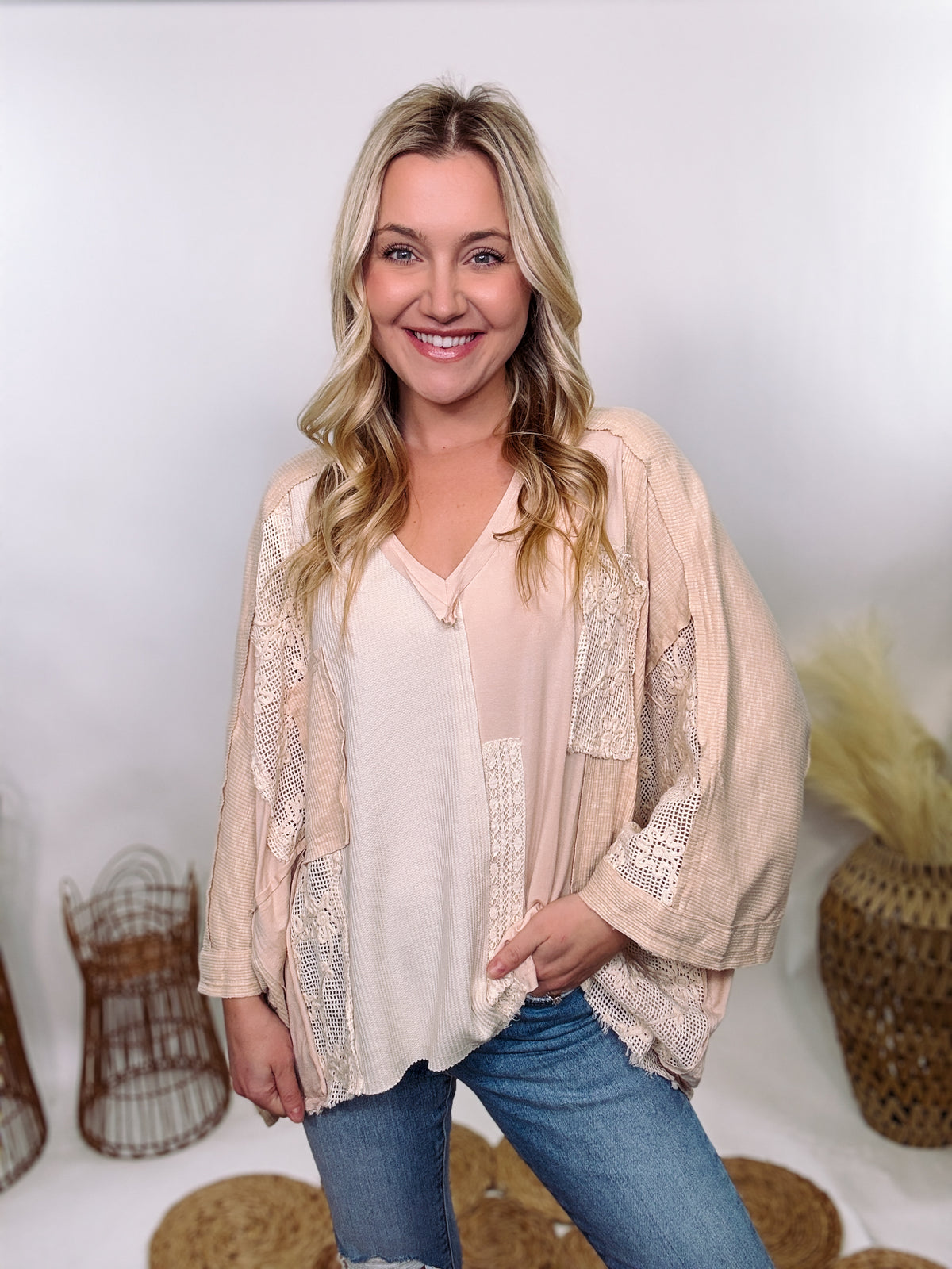 POL Neutral Cream Mix Short Sleeve V-Neck Oversized Knit Top with crochet and thermal patchwork, frayed edges, and exposed seams for a comfy, boho chic look.