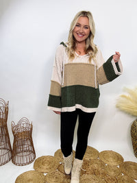 Super soft olive, tan, and cream colorblock chenille v-neck sweater hoodie by POL with oversized fit and relaxed style.