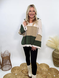 Super soft olive, tan, and cream colorblock chenille v-neck sweater hoodie by POL with oversized fit and relaxed style.