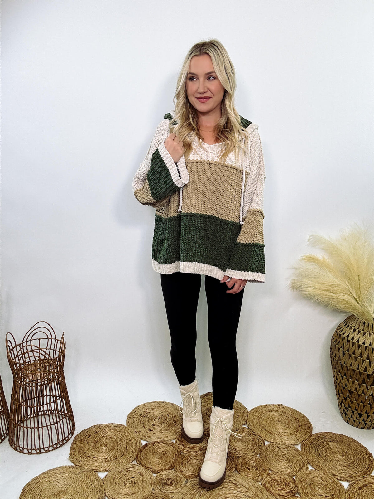 Super soft olive, tan, and cream colorblock chenille v-neck sweater hoodie by POL with oversized fit and relaxed style.