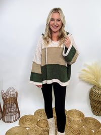 Super soft olive, tan, and cream colorblock chenille v-neck sweater hoodie by POL with oversized fit and relaxed style.