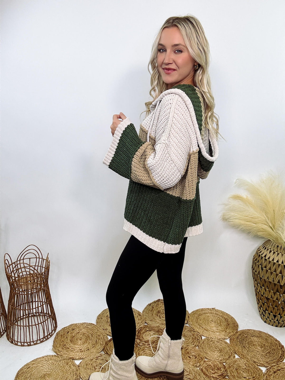 Super soft olive, tan, and cream colorblock chenille v-neck sweater hoodie by POL with oversized fit and relaxed style.