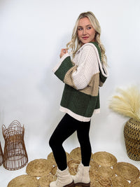 Super soft olive, tan, and cream colorblock chenille v-neck sweater hoodie by POL with oversized fit and relaxed style.