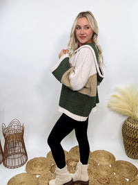 Super soft olive, tan, and cream colorblock chenille v-neck sweater hoodie by POL with oversized fit and relaxed style.