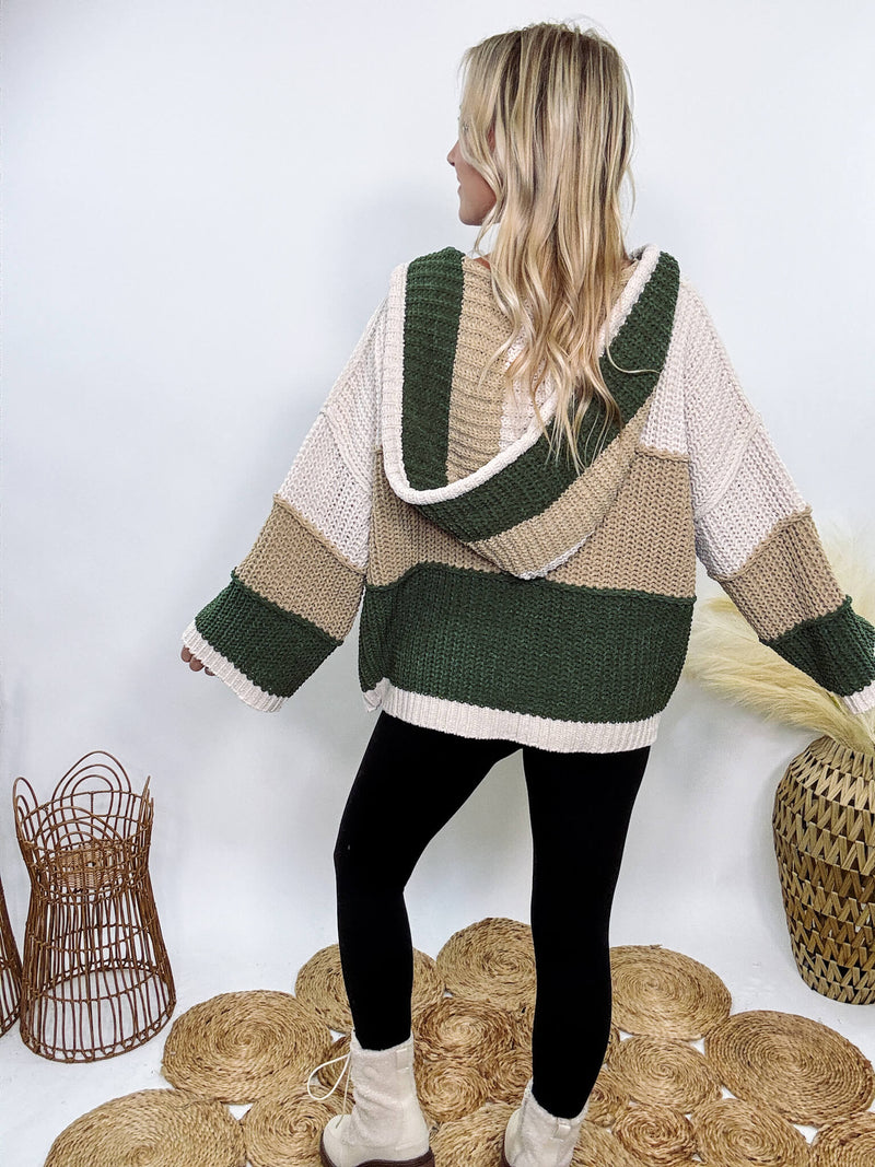 Super soft olive, tan, and cream colorblock chenille v-neck sweater hoodie by POL with oversized fit and relaxed style.