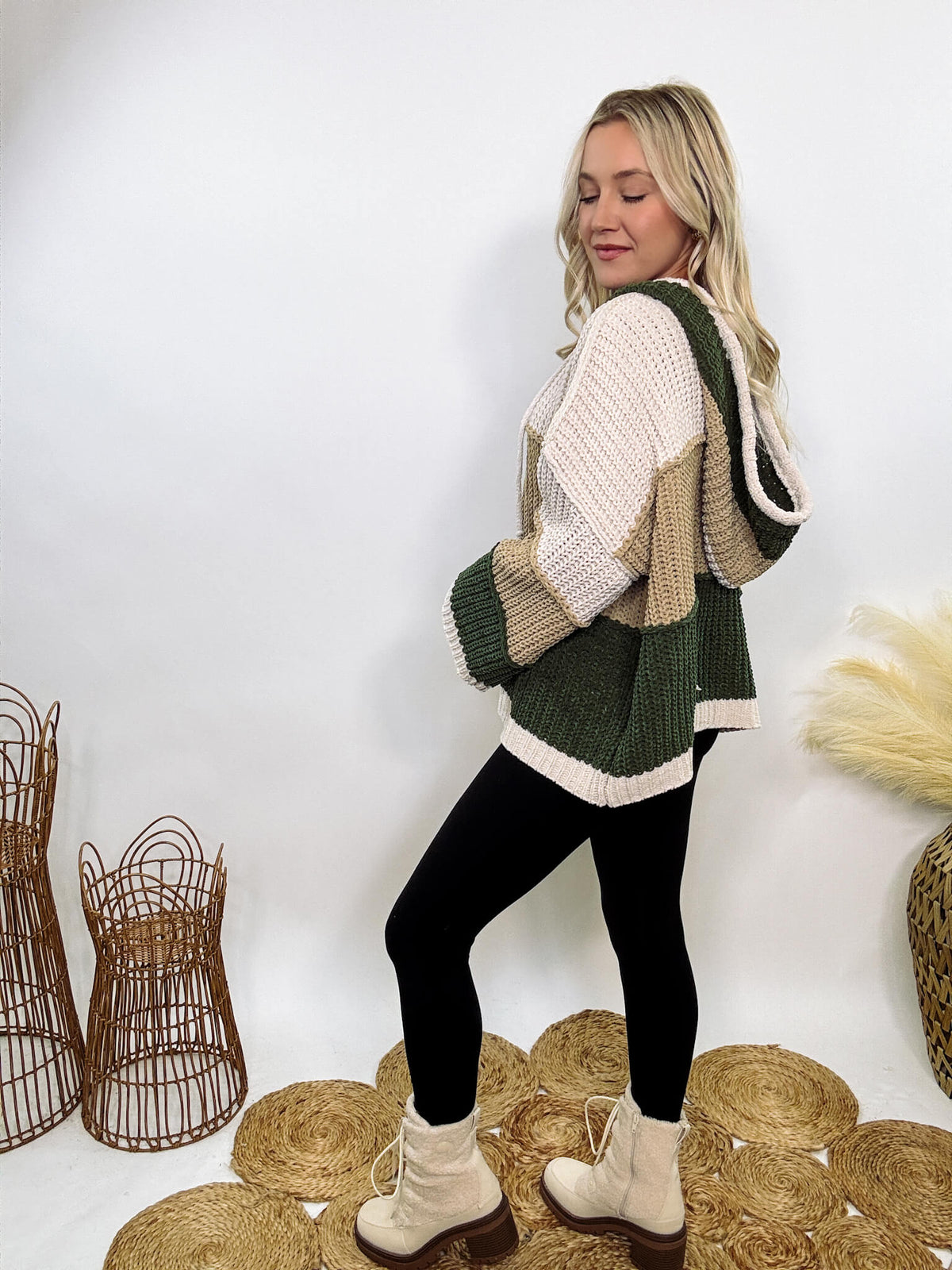 Super soft olive, tan, and cream colorblock chenille v-neck sweater hoodie by POL with oversized fit and relaxed style.