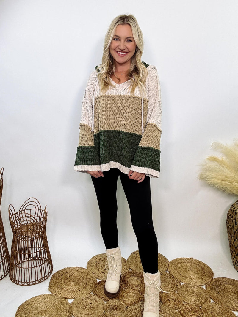 Super soft olive, tan, and cream colorblock chenille v-neck sweater hoodie by POL with oversized fit and relaxed style.