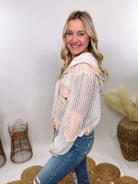 POL Crochet Long Sleeve Button-Up Hoodie Jacket with sheer crochet fabric, chest pockets, elbow patches, and adjustable drawstring waist, perfect for spring break and vacation layering.