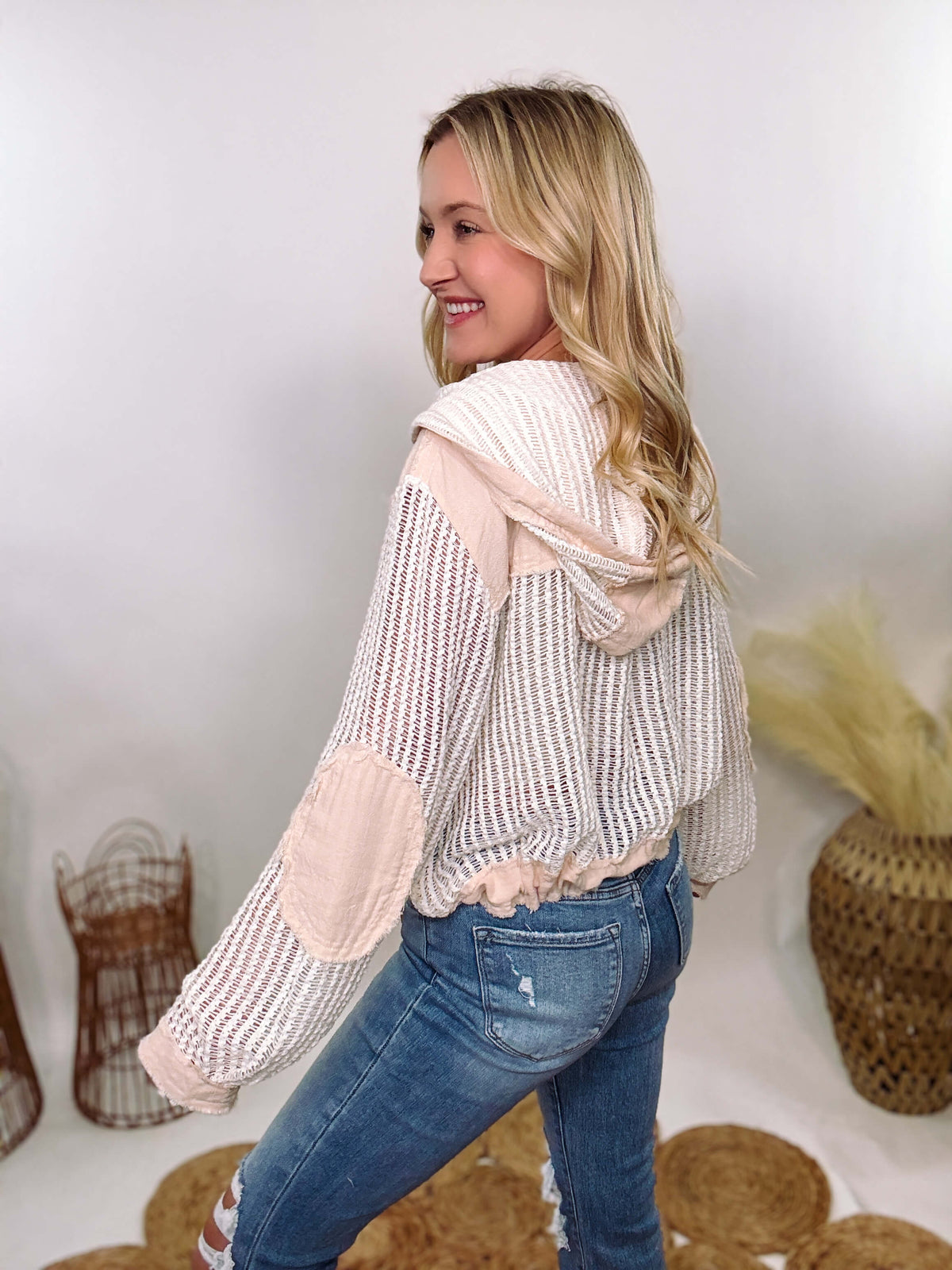 POL Crochet Long Sleeve Button-Up Hoodie Jacket with sheer crochet fabric, chest pockets, elbow patches, and adjustable drawstring waist, perfect for spring break and vacation layering.