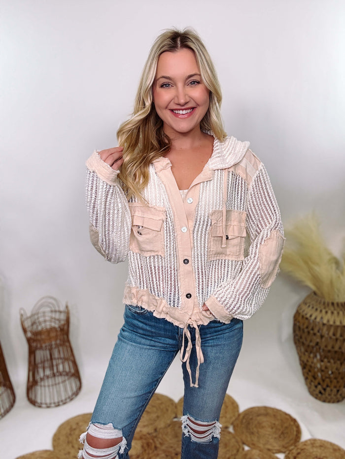 POL Crochet Long Sleeve Button-Up Hoodie Jacket with sheer crochet fabric, chest pockets, elbow patches, and adjustable drawstring waist, perfect for spring break and vacation layering.