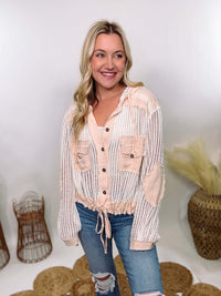 POL Crochet Long Sleeve Button-Up Hoodie Jacket with sheer crochet fabric, chest pockets, elbow patches, and adjustable drawstring waist, perfect for spring break and vacation layering.