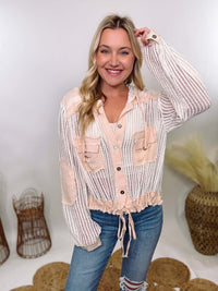 POL Crochet Long Sleeve Button-Up Hoodie Jacket with sheer crochet fabric, chest pockets, elbow patches, and adjustable drawstring waist, perfect for spring break and vacation layering.