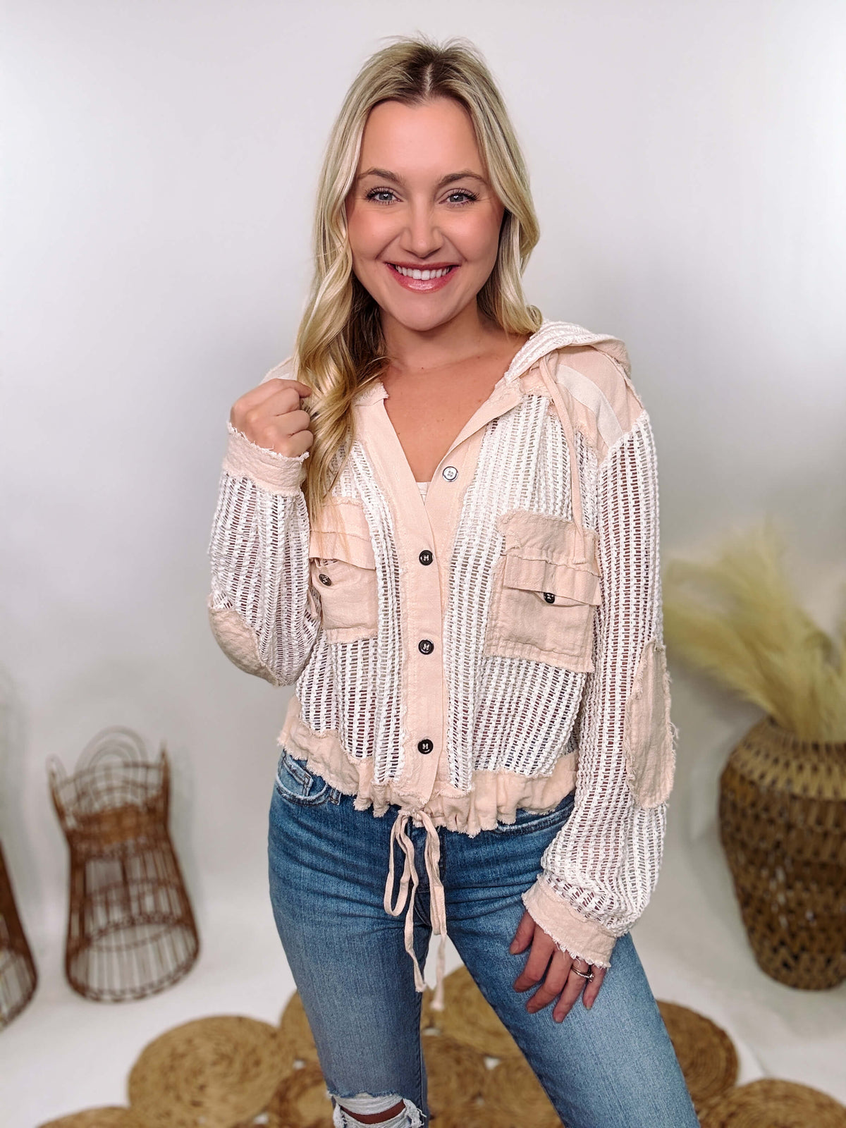 POL Crochet Long Sleeve Button-Up Hoodie Jacket with sheer crochet fabric, chest pockets, elbow patches, and adjustable drawstring waist, perfect for spring break and vacation layering.